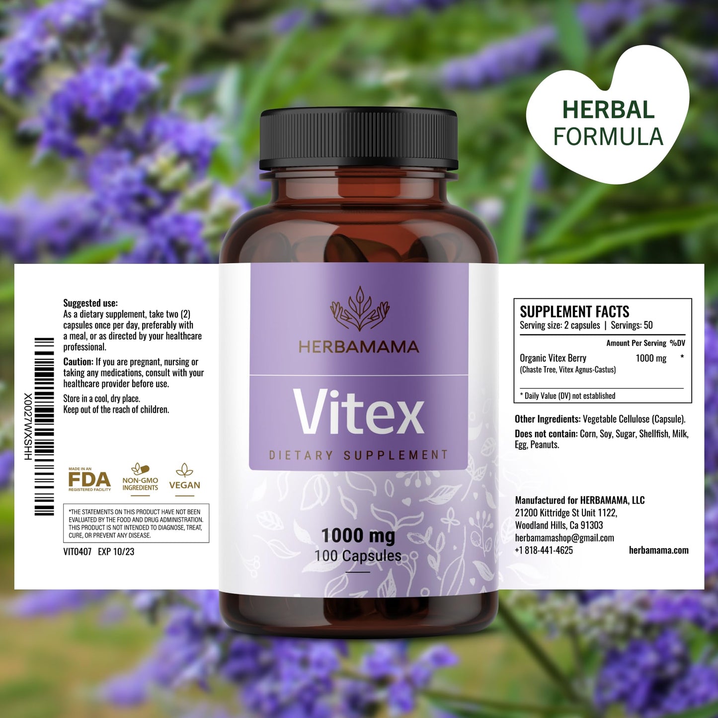 HERBAMAMA Vitex Berry Capsules – 1000mg Vitex Chasteberry for Menopause Support* – Vegan, Non-GMO – 50-Day Supply