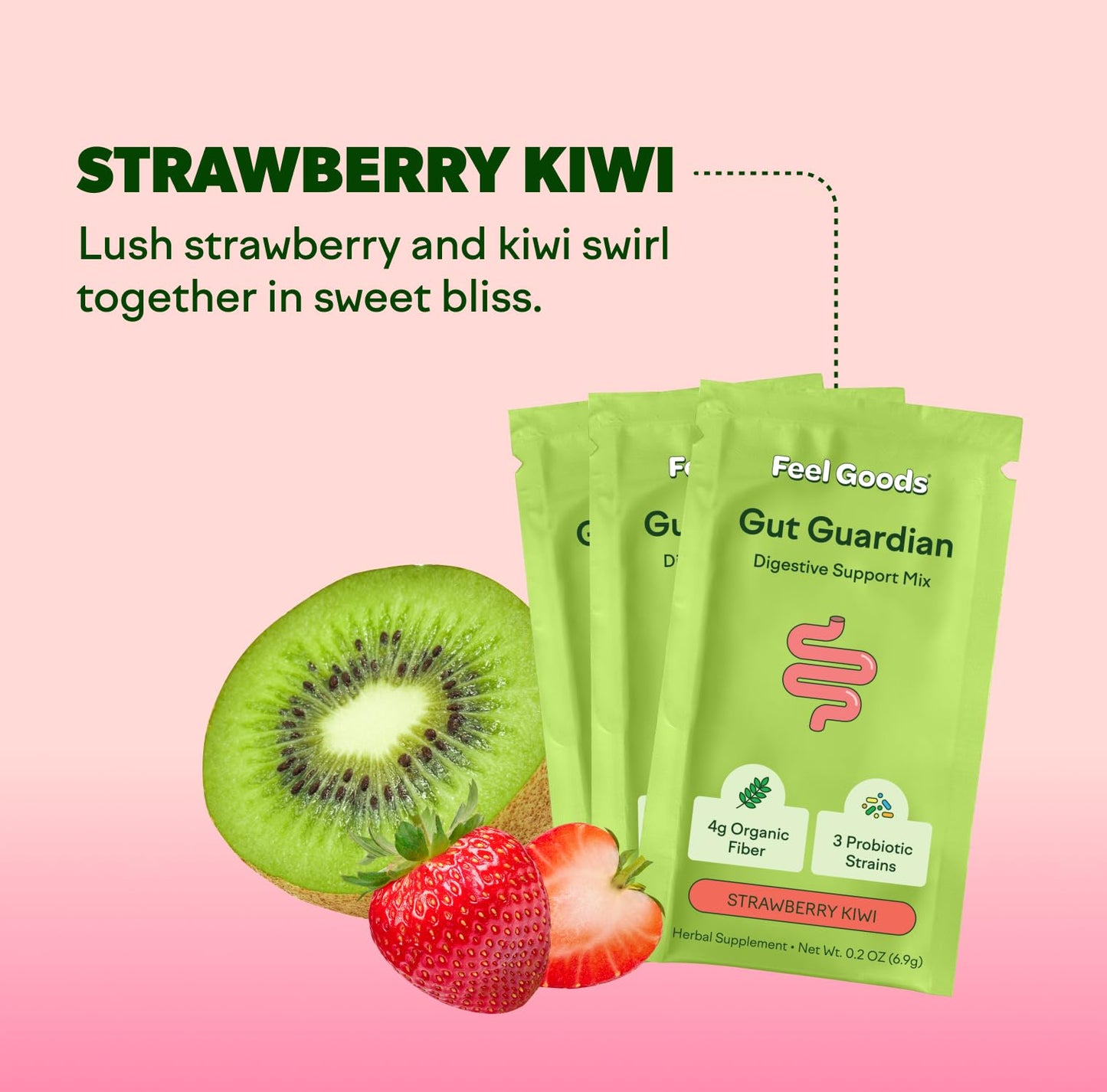 Feel Goods Gut Guardian Organic Fiber, Probiotic & Prebiotic Powder - Sugar Free, Vegan (Strawberry Kiwi) - 15 Count