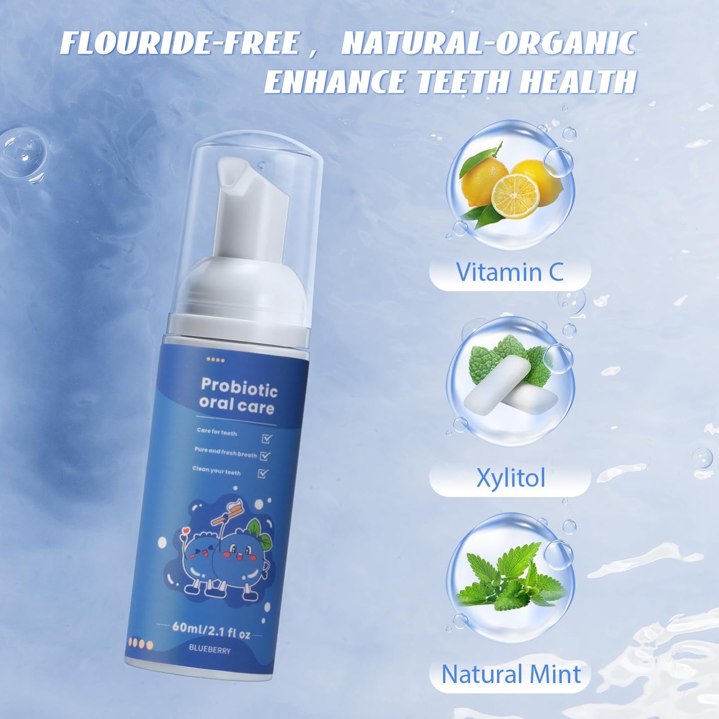 Kids Fluoride-Free Foam Toothpaste for Toddlers – Blueberry Mint Foam, Natural Toothpaste, Travel Size for U-Shaped Toothbrush