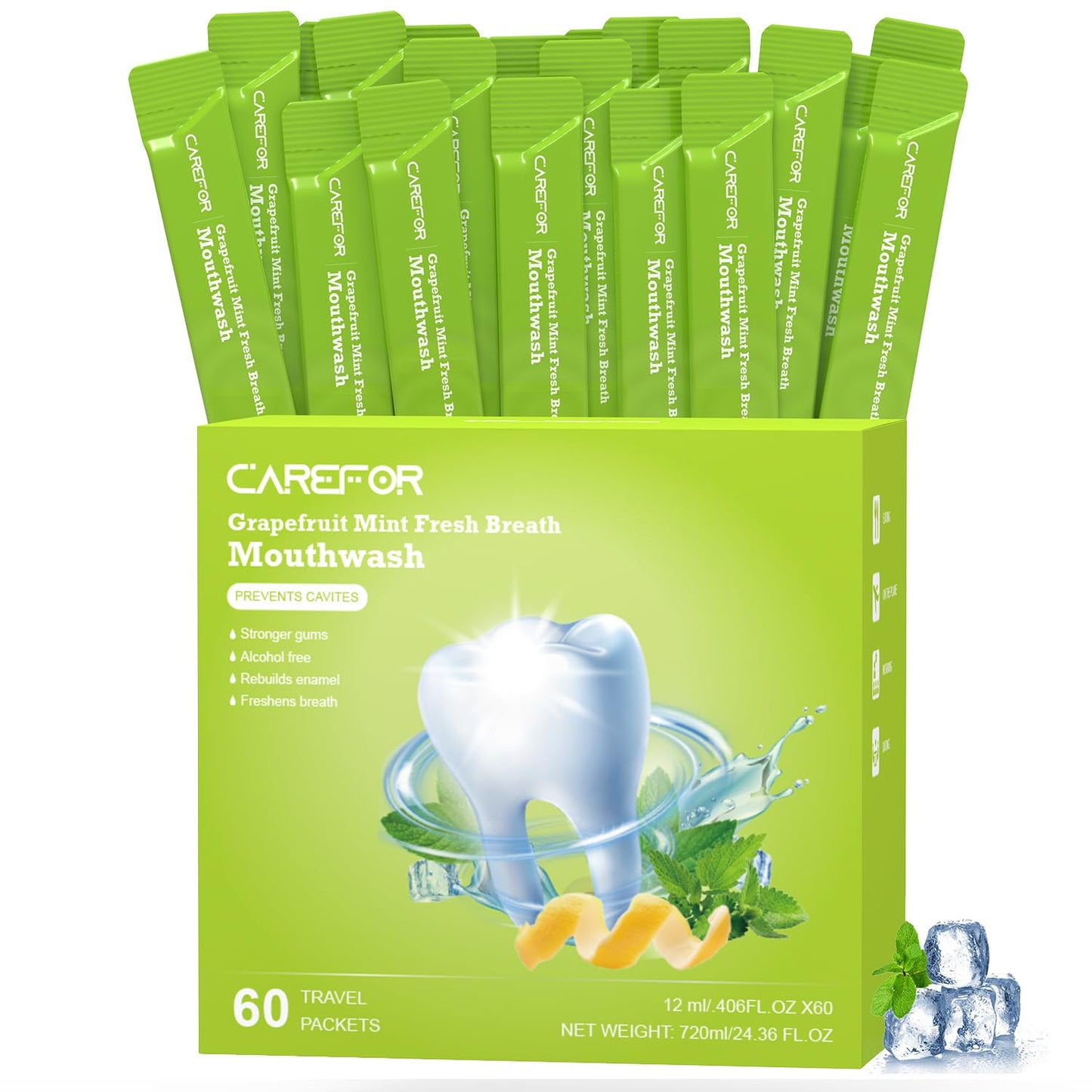 Travel Size Mouthwash Packets – Alcohol & Fluoride Free, Grapefruit Mint 0.41 fl oz Pack of 60