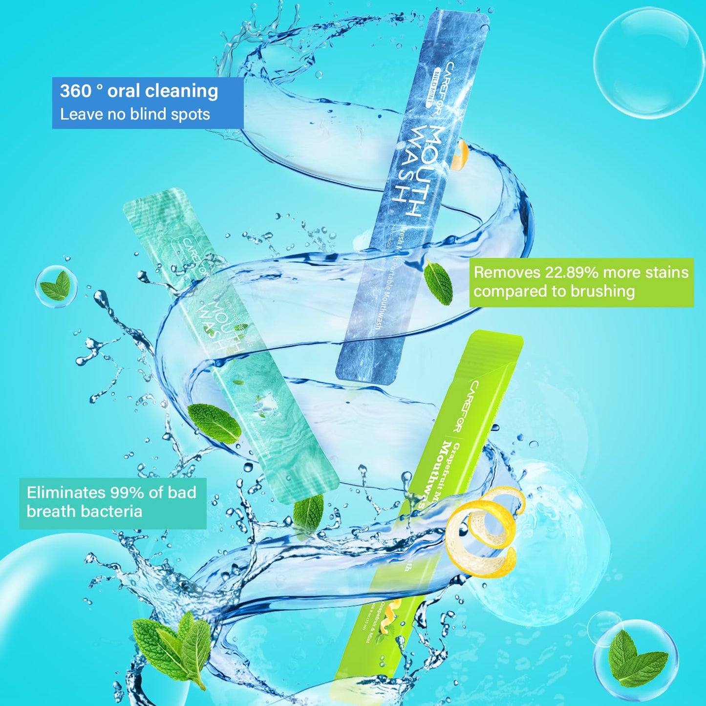 Travel Size Mouthwash Packets – 3 Flavors (Fresh Mint, ICY Mint, Grapefruit Mint)