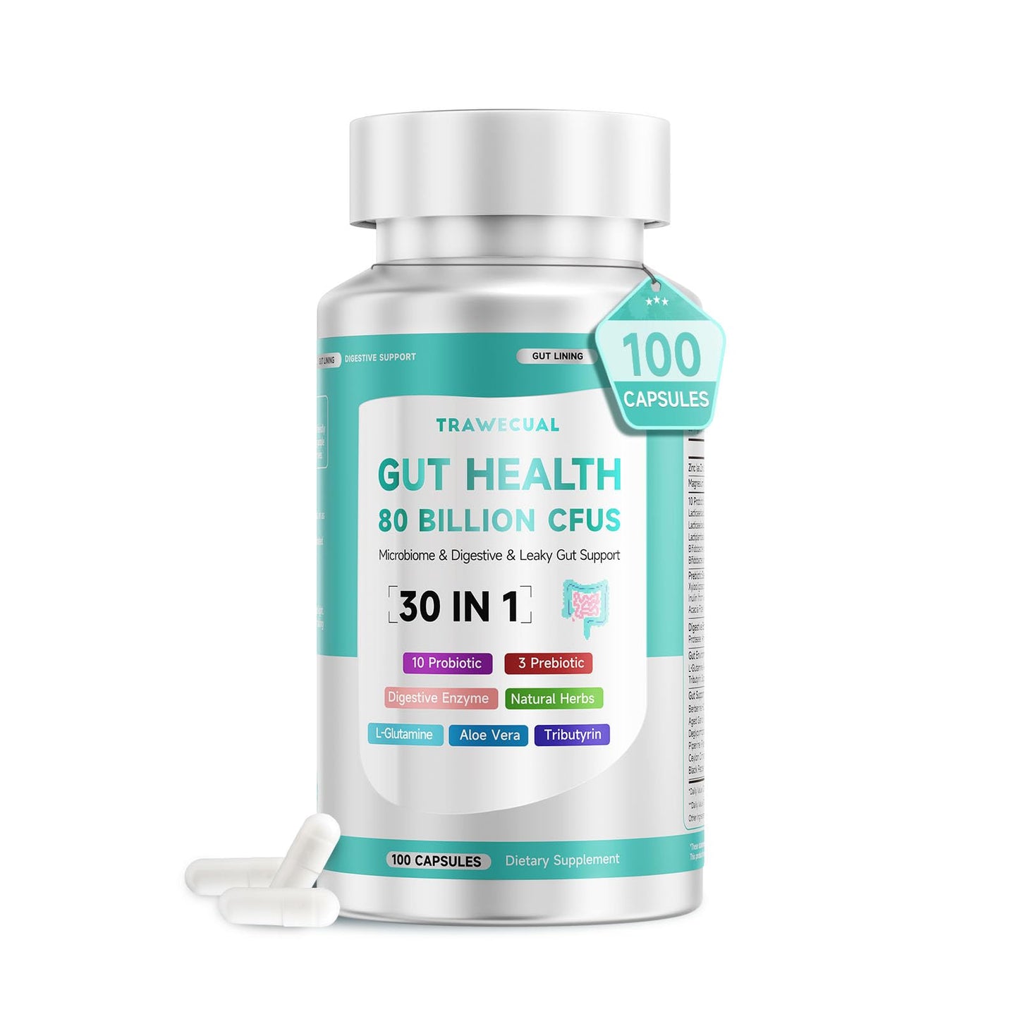 Trawecual Gut Health Capsule – 80B CFU Probiotics, Prebiotics & Enzymes, 30-in-1, 100 Capsules