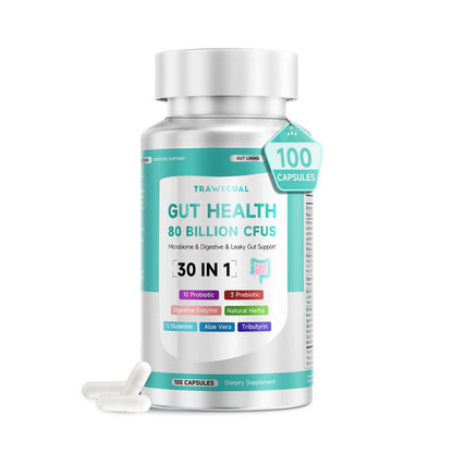 Trawecual Gut Health Capsule – 80B CFU Probiotics, Prebiotics & Enzymes, 30-in-1, 100 Capsules