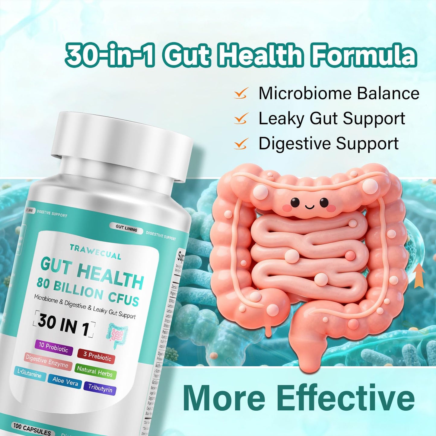 Trawecual Gut Health Capsule – 80B CFU Probiotics, Prebiotics & Enzymes, 30-in-1, 100 Capsules