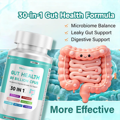 Trawecual Gut Health Capsule – 80B CFU Probiotics, Prebiotics & Enzymes, 30-in-1, 100 Capsules
