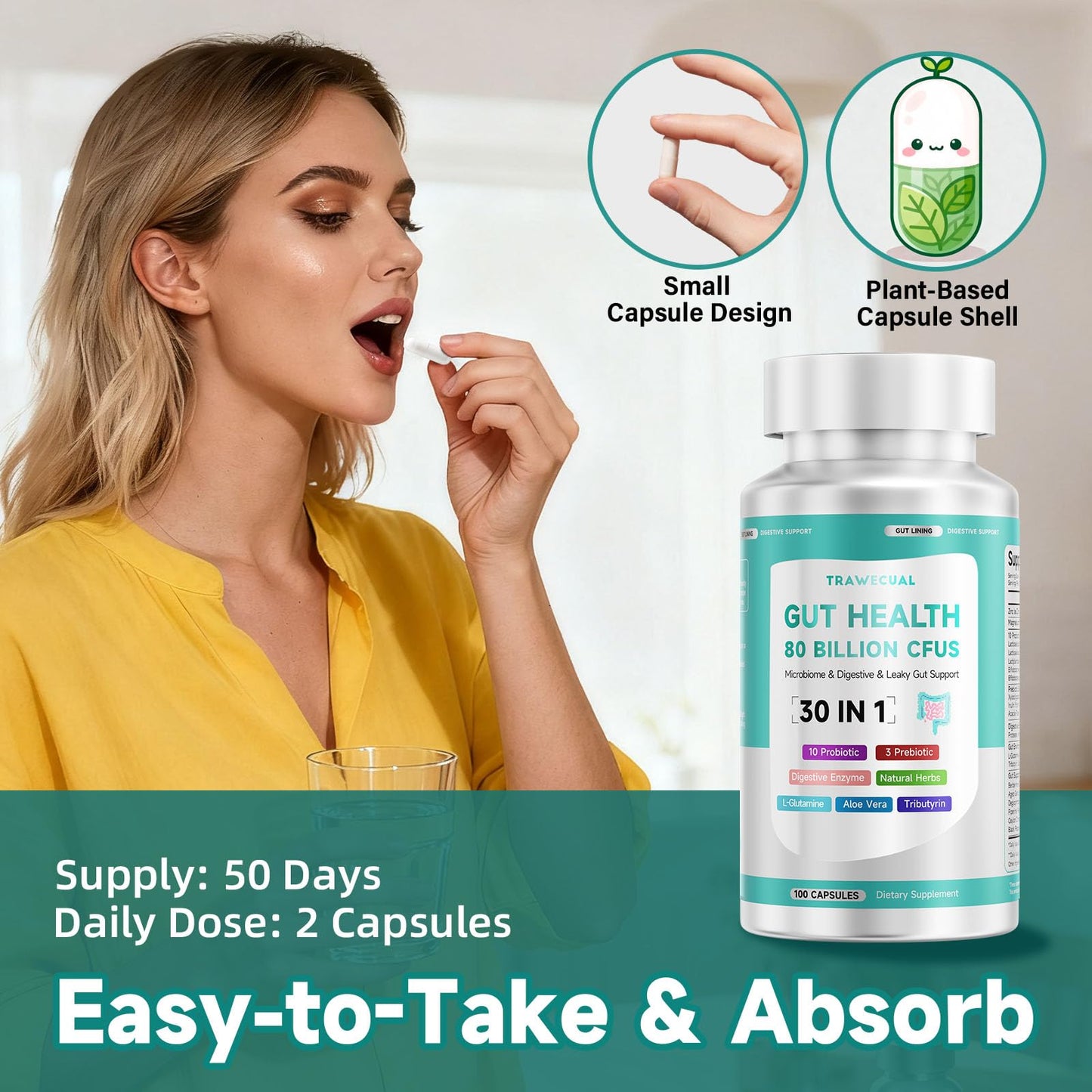 Trawecual Gut Health Capsule – 80B CFU Probiotics, Prebiotics & Enzymes, 30-in-1, 100 Capsules