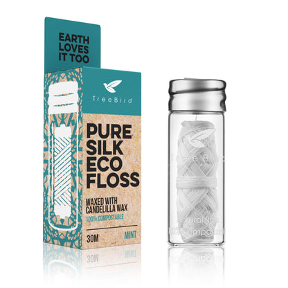 TreeBird Pure Silk Eco Floss – 33yd Silk in Refillable Glass Dispenser (Mint)