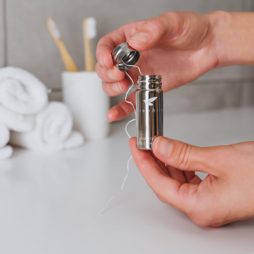 TreeBird Pure Silk Eco Floss Kit - Refillable Stainless Steel Dispenser + 3×33 yd Mint Silk Refills