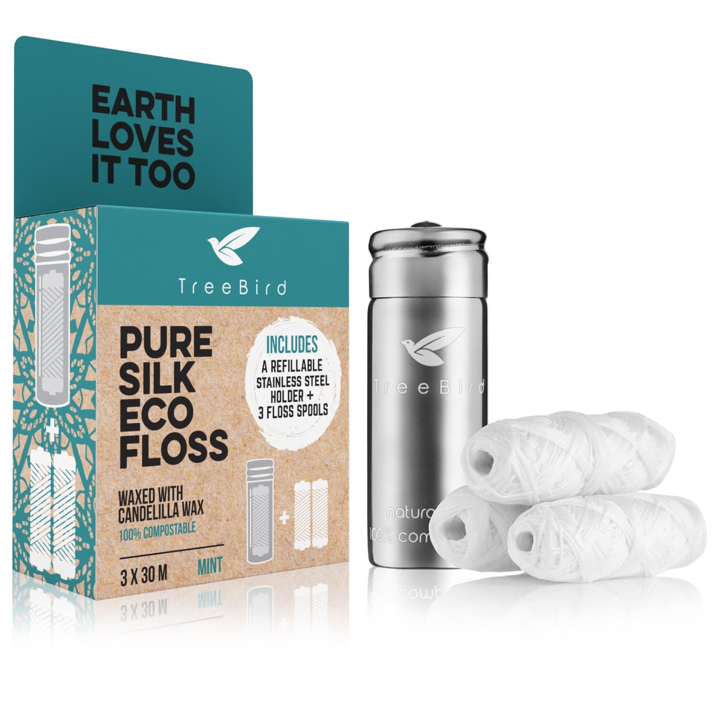 TreeBird Pure Silk Eco Floss Kit - Refillable Stainless Steel Dispenser + 3×33 yd Mint Silk Refills