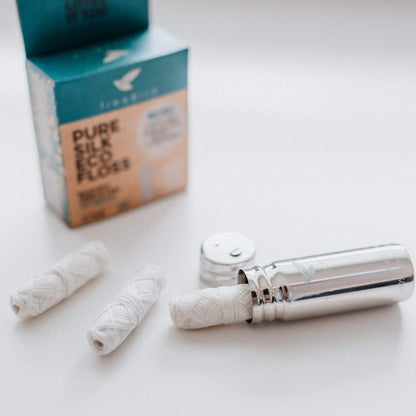 TreeBird Pure Silk Eco Floss Kit - Refillable Stainless Steel Dispenser + 3×33 yd Mint Silk Refills