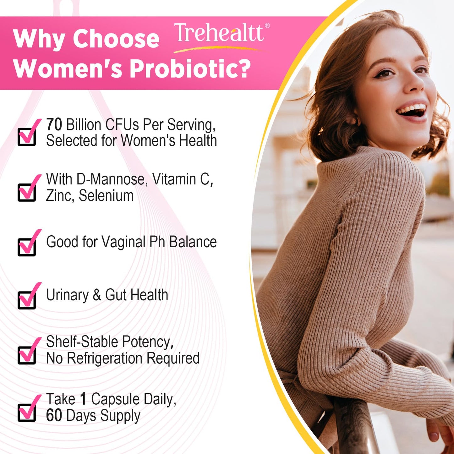 Trehealtt 70 Billion CFUs Vaginal Probiotics – 60 Days Supply, pH Balance, D-Mannose, GMO-Free