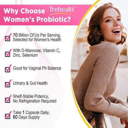 Trehealtt 70 Billion CFUs Vaginal Probiotics – 60 Days Supply, pH Balance, D-Mannose, GMO-Free