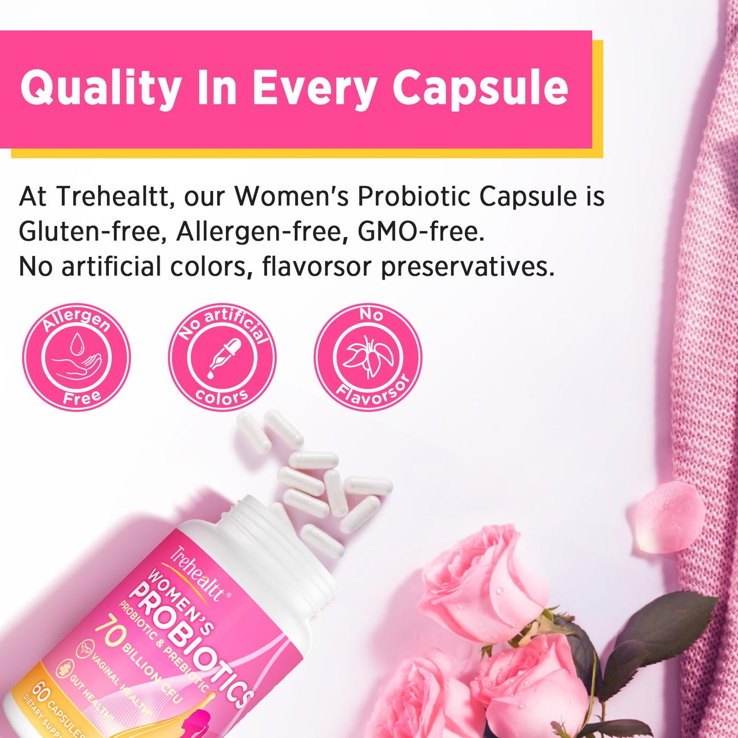 Trehealtt 70 Billion CFUs Vaginal Probiotics – 60 Days Supply, pH Balance, D-Mannose, GMO-Free