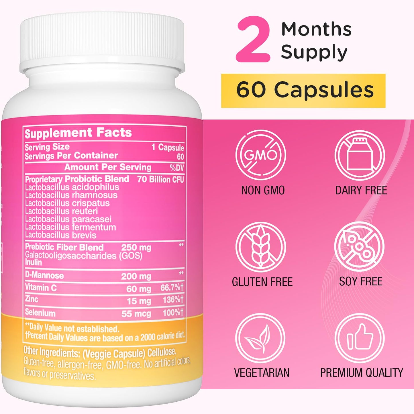 Trehealtt 70 Billion CFUs Vaginal Probiotics – 60 Days Supply, pH Balance, D-Mannose, GMO-Free