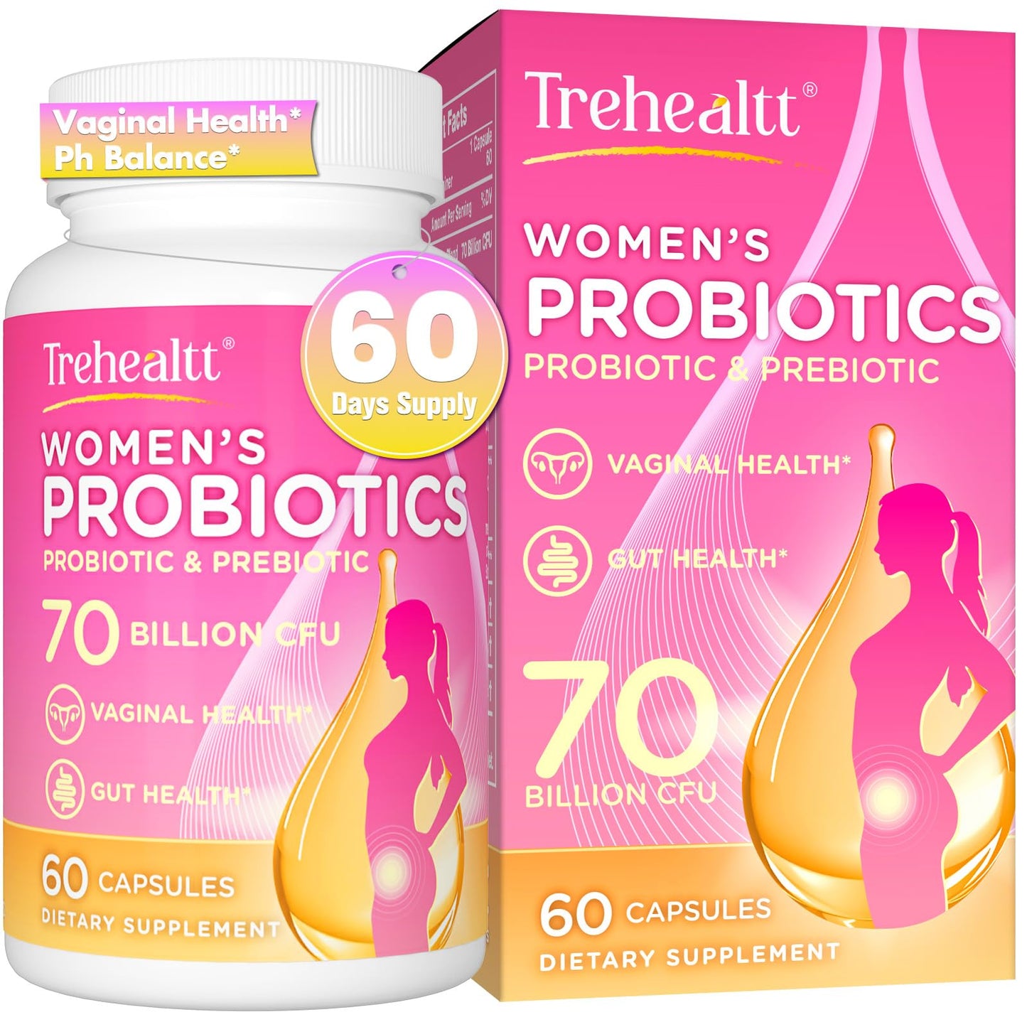 Trehealtt 70 Billion CFUs Vaginal Probiotics – 60 Days Supply, pH Balance, D-Mannose, GMO-Free