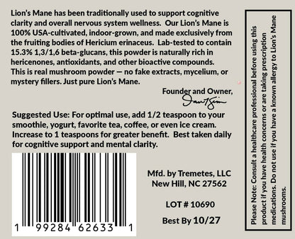 Tremetes Lion’s Mane Mushroom Powder – Lab Verified 15.3% Beta-Glucans | Focus