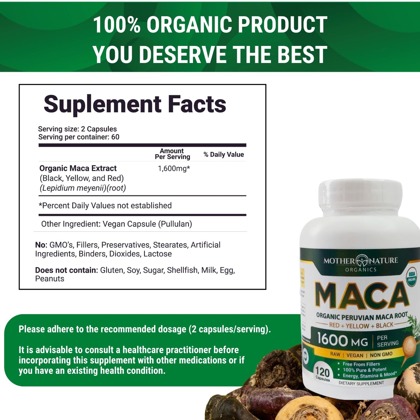 Mother Nature Organic Maca Root Capsules 1600mg – 120 Vegan, Peru Tri-Color Maca