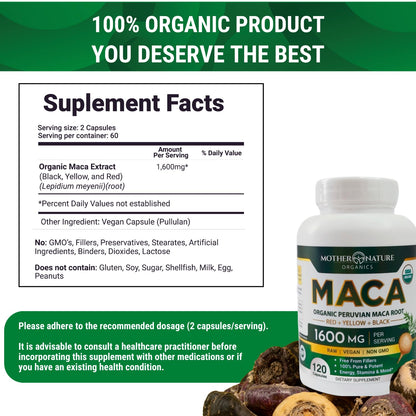 Mother Nature Organic Maca Root Capsules 1600mg – 120 Vegan, Peru Tri-Color Maca