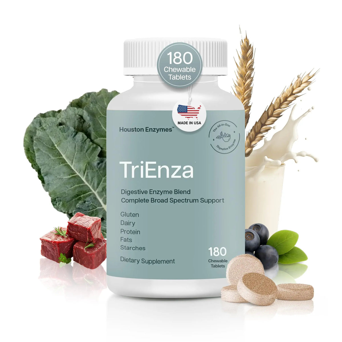 Houston Enzymes TriEnza - Digestive Enzyme Supplement for Gluten, Casein, Soy, Carbs & Fats | 180 Chewable Tablets BritishVita | Premium UK Vitamins & Wellness Supplements