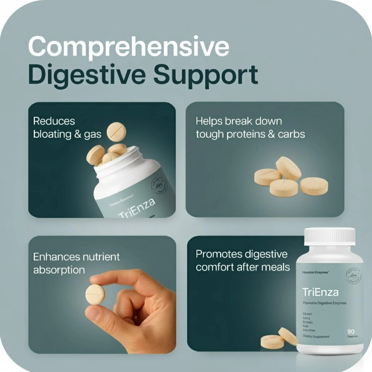 Houston Enzymes TriEnza - Digestive Enzyme Supplement for Gluten, Casein, Soy, Carbs & Fats | 180 Chewable Tablets BritishVita | Premium UK Vitamins & Wellness Supplements