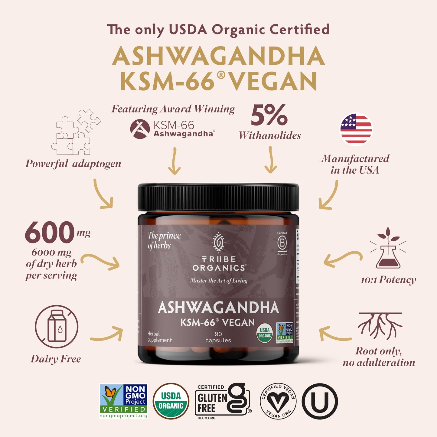 TRIBE ORGANICS KSM-66 Ashwagandha – 600mg, Vegan, Organic, 90 Caps