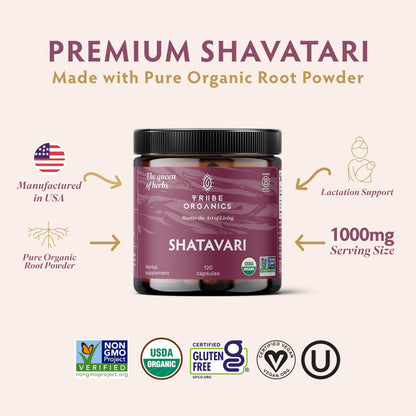 TRIBE ORGANICS Shatavari Organic Supplement – Hormonal Balance & Women's Health | 120 Vegan Capsules