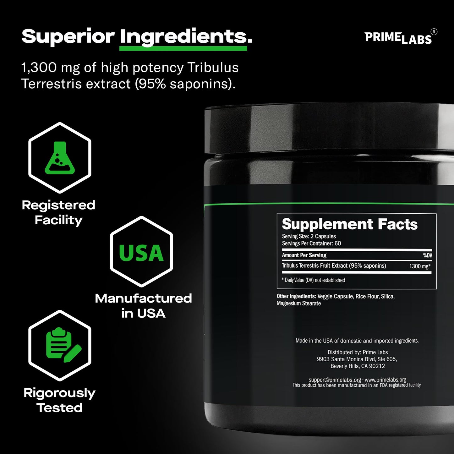 Prime Labs Tribulus Terrestris for Men 1300mg – Enhanced with 95% Saponins – Energy, Vitality, Strength – 120 Count
