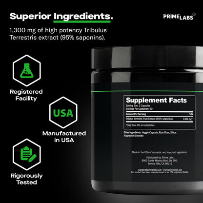 Prime Labs Tribulus Terrestris for Men 1300mg – Enhanced with 95% Saponins – Energy, Vitality, Strength – 120 Count