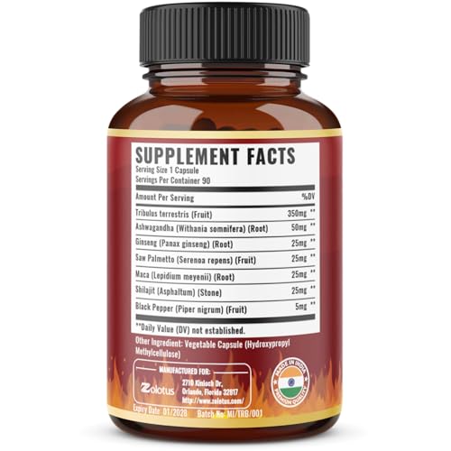 Tribulus Terrestris Capsules with Ashwagandha, Panax Ginseng, Saw Palmetto, Maca, Shilajit — 90 Capsules (3-Month Supply)
