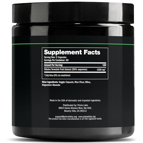 Prime Labs Tribulus Terrestris for Men 1300mg – Enhanced with 95% Saponins – Energy, Vitality, Strength – 120 Count