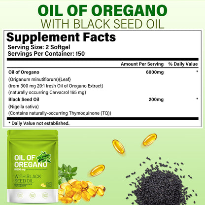 Trihood Oil of Oregano and Black Seed Oil Softgels 300 — Max Strength Carvacrol Thymoquinone Blend | Made in USA