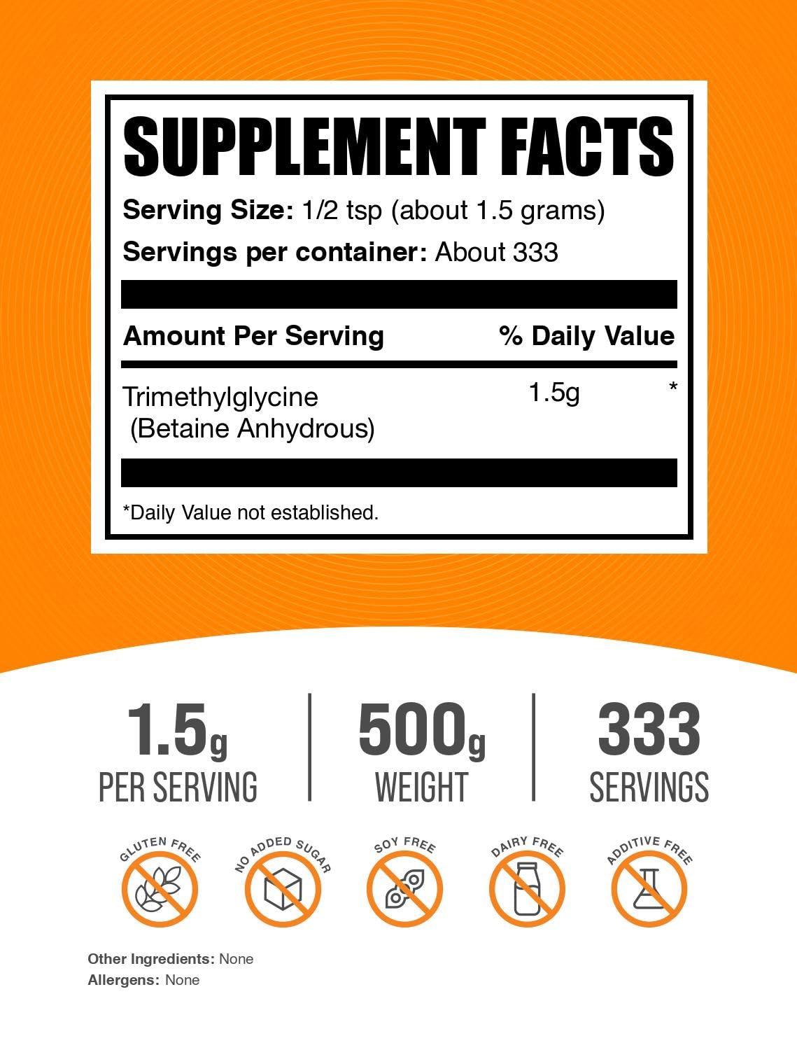BulkSupplements TMG Powder – Trimethylglycine (Betaine Anhydrous), 500g, Unflavored & Gluten Free