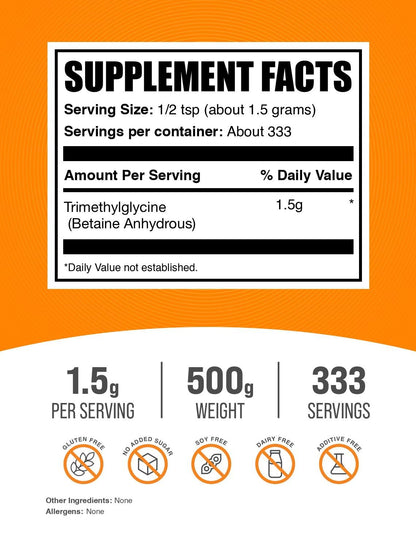 BulkSupplements TMG Powder – Trimethylglycine (Betaine Anhydrous), 500g, Unflavored & Gluten Free