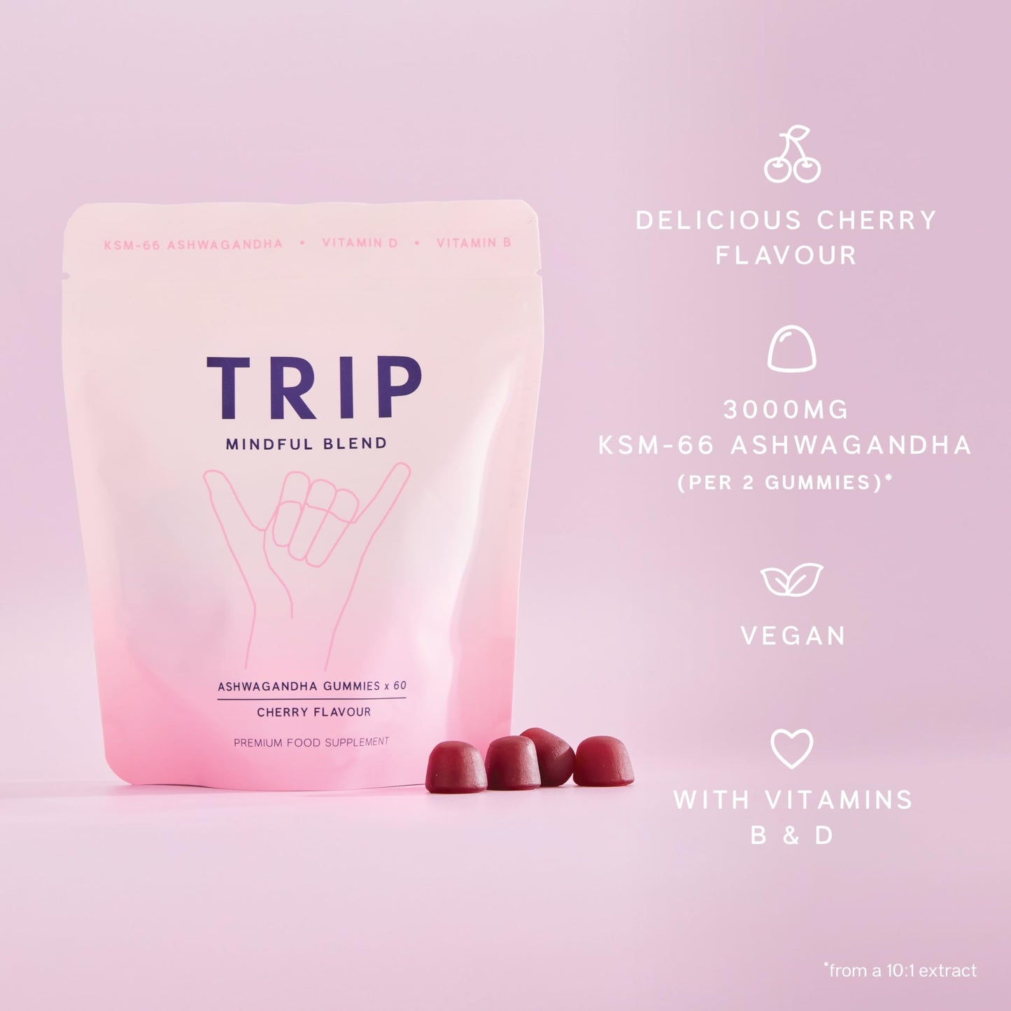 TRIP Ashwagandha Gummies with Vitamin D12 & B Vitamins - 3000mg KSM-66 per Serving, Vegan Cherry, 60 Count