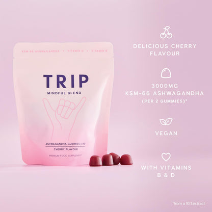 TRIP Ashwagandha Gummies with Vitamin D12 & B Vitamins - 3000mg KSM-66 per Serving, Vegan Cherry, 60 Count