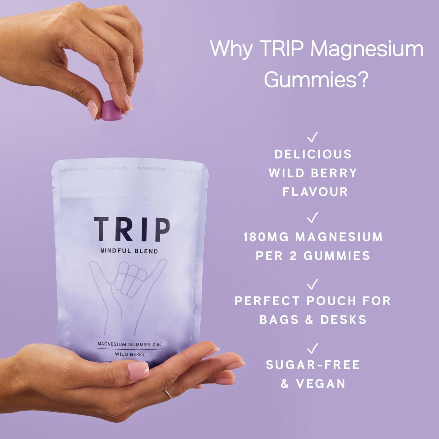 TRIP Magnesium Citrate Gummies with L-Theanine – Sugar Free, Vegan, 180mg per Serving, Wild Berry, 60 Count