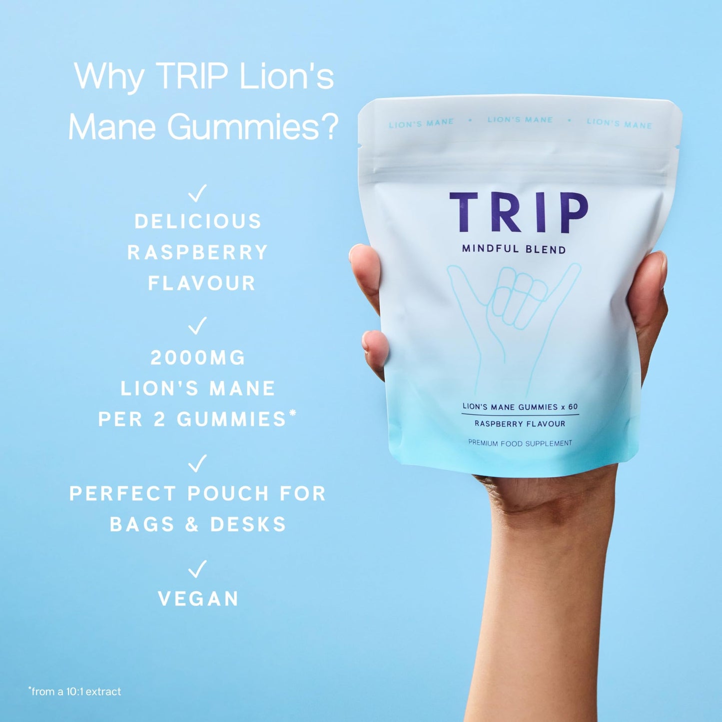 TRIP Raspberry Lion’s Mane Gummies | 2000mg per Serving, Vegan 60 Count