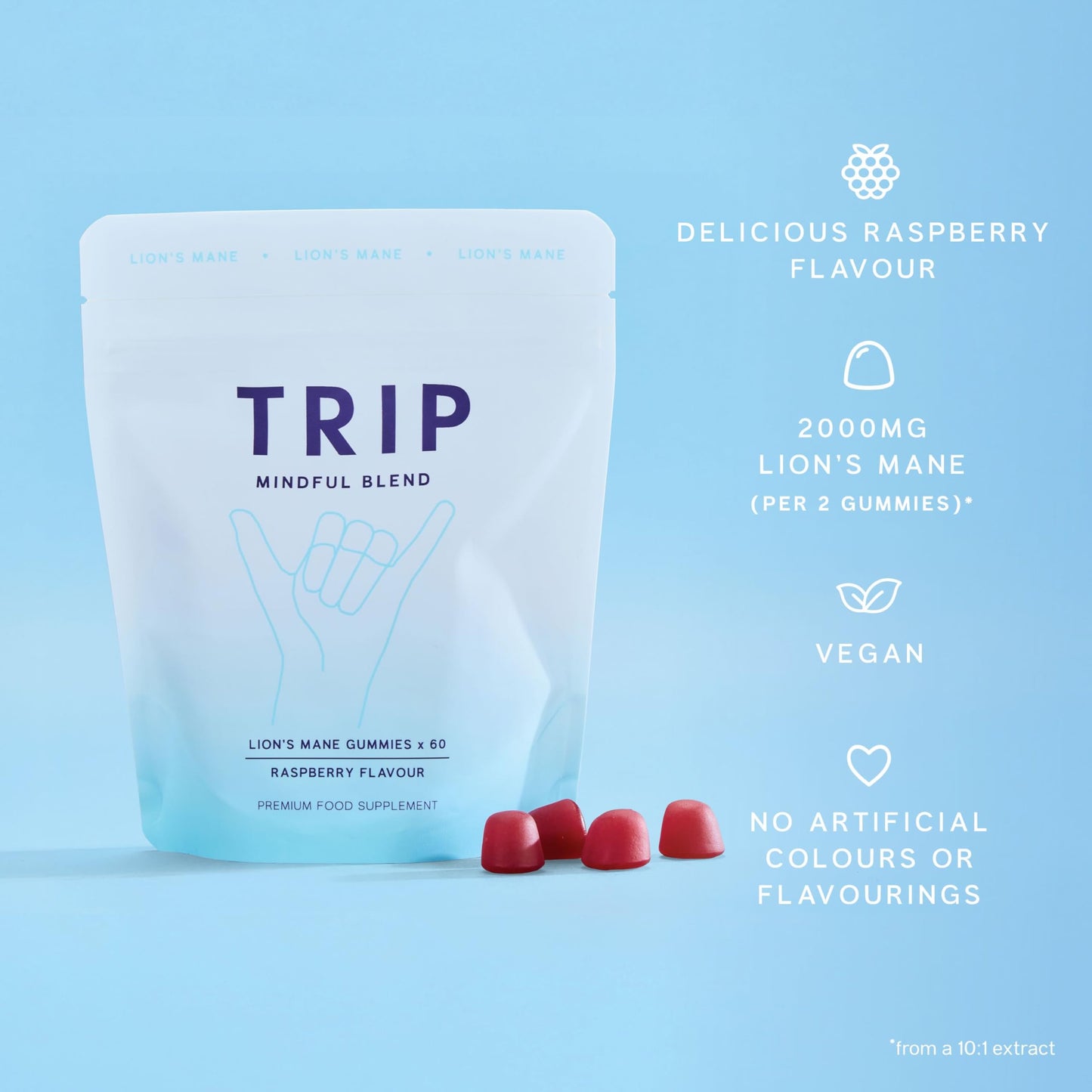 TRIP Raspberry Lion’s Mane Gummies | 2000mg per Serving, Vegan 60 Count