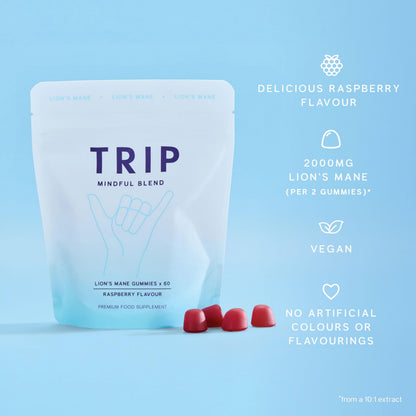 TRIP Raspberry Lion’s Mane Gummies | 2000mg per Serving, Vegan 60 Count