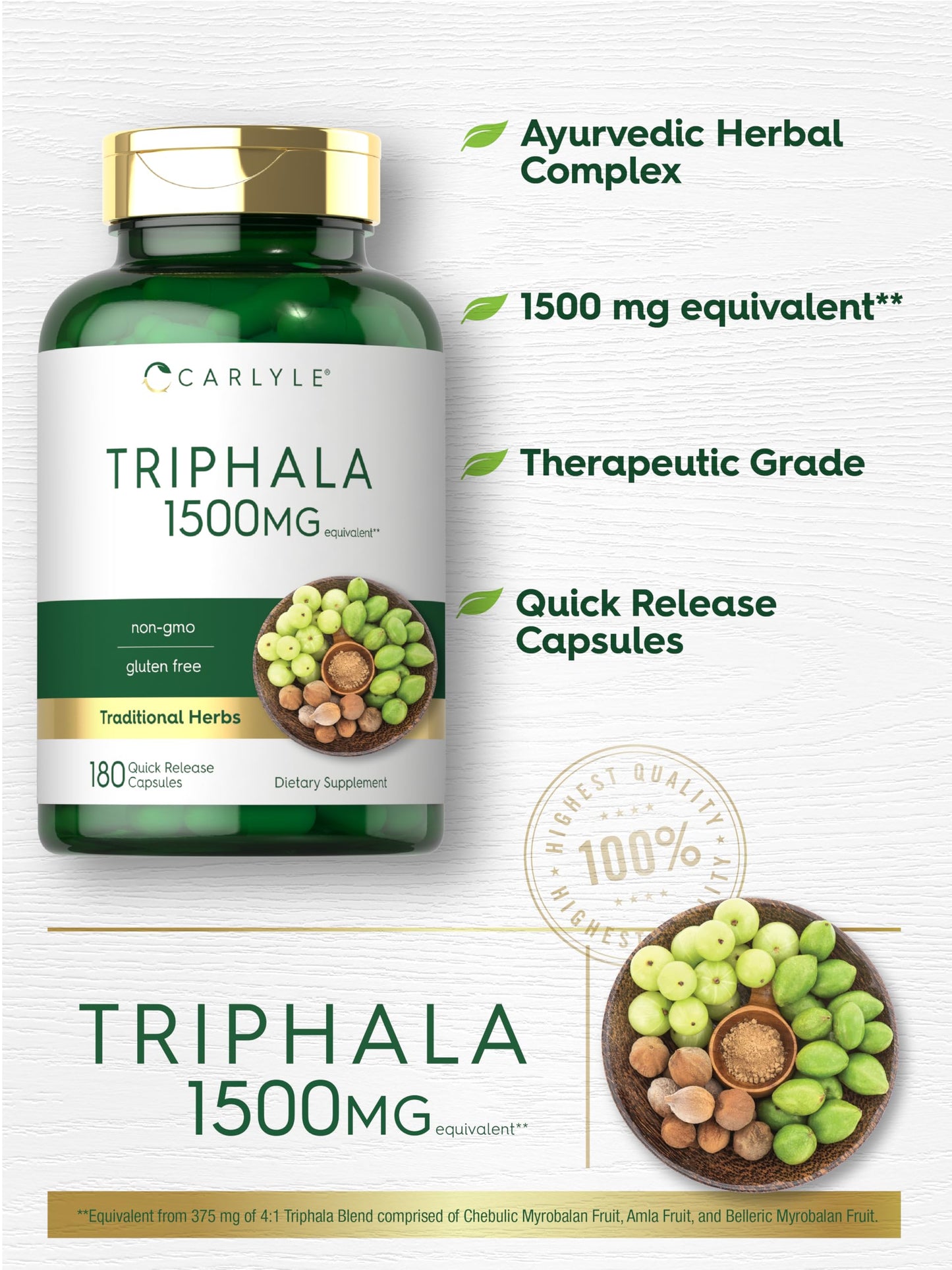 Carlyle Triphala Capsules 1500mg | 180 Count | Herbal Non-GMO Gluten Free