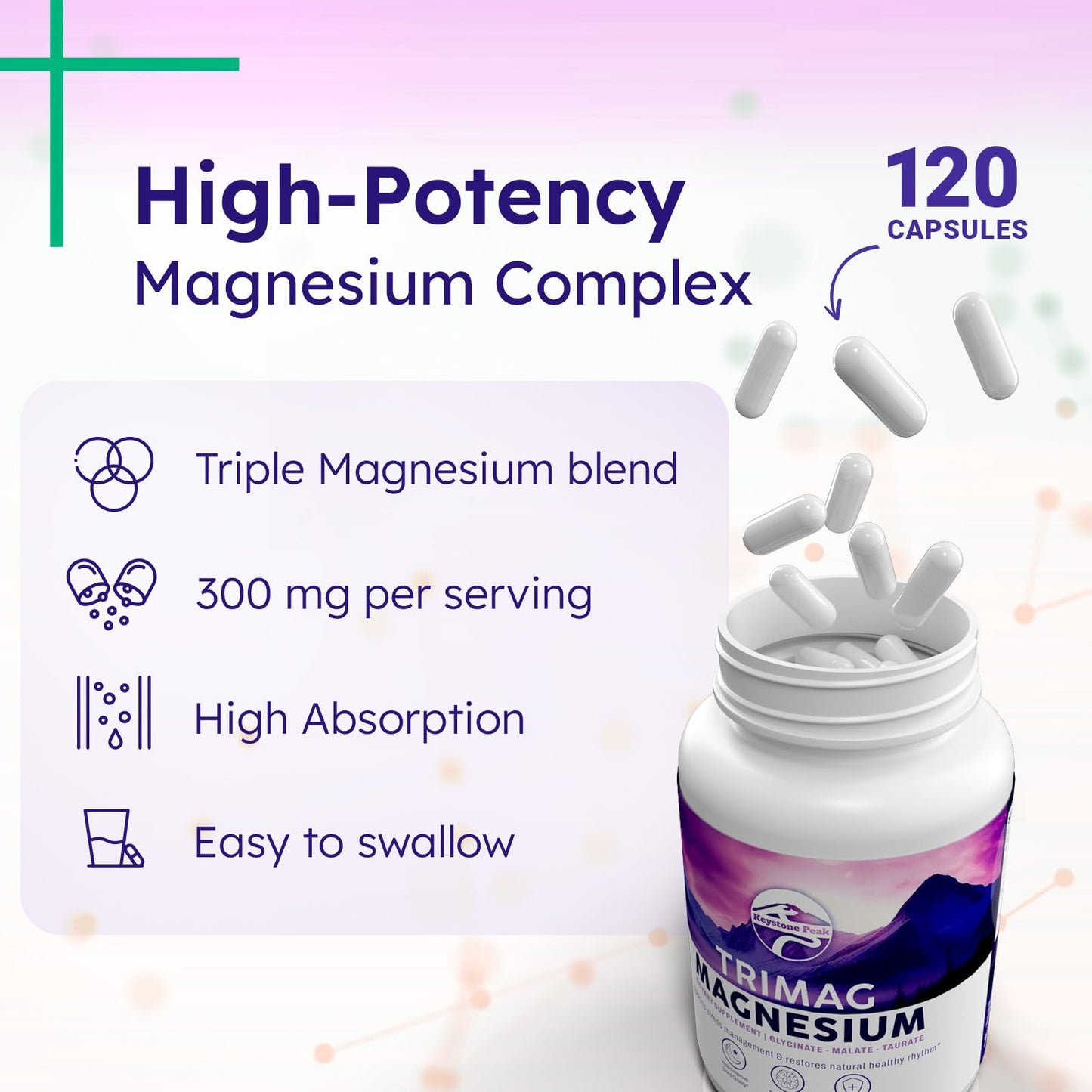 Triple Magnesium Complex – 300mg per Serving – Glycinate, Taurate, Malate – Chelated, Gentle on Stomach – 120 Capsules – Made in USA