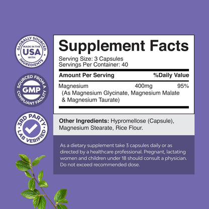 Triple Magnesium Complex 400 mg – High Absorption Glycinate, Malate & Taurate | 120 Count