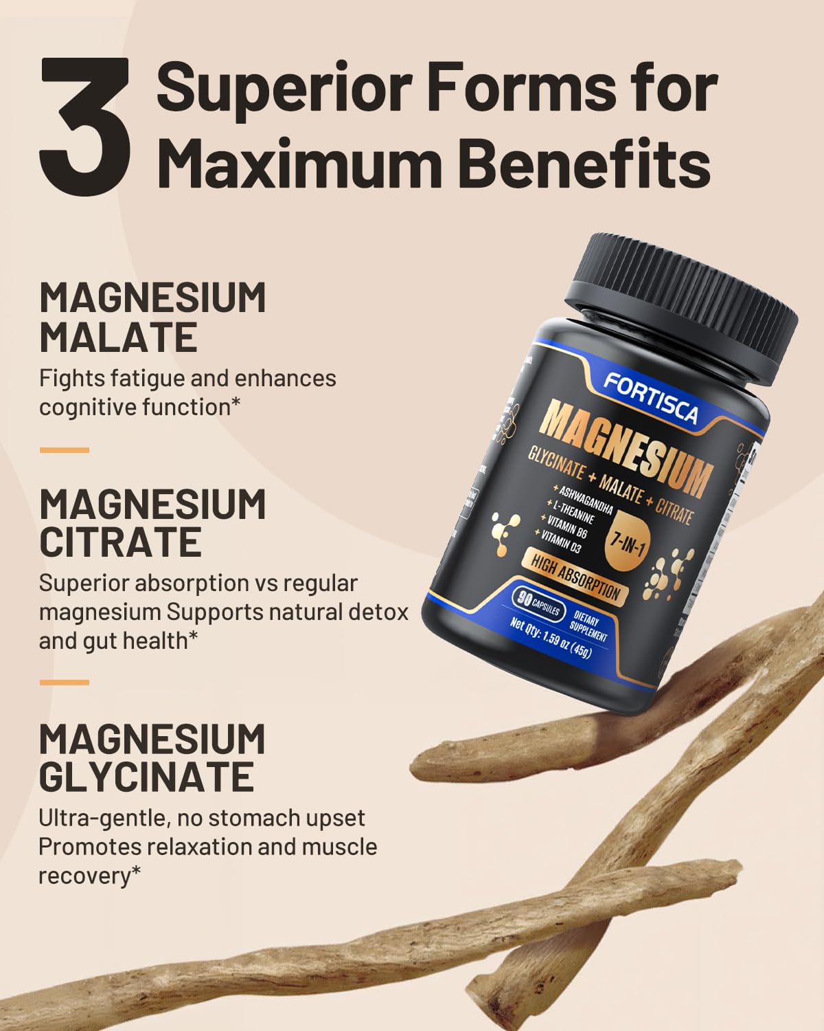 Triple Magnesium Complex 500mg – 7-in-1 Magnesium Supplement with Glycinate, Malate & Citrate | Ashwagandha & L-Theanine | Vegan | Non-GMO | 90 Capsules