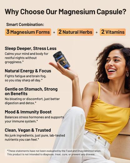 Triple Magnesium Complex 500mg – 7-in-1 Magnesium Supplement with Glycinate, Malate & Citrate | Ashwagandha & L-Theanine | Vegan | Non-GMO | 90 Capsules