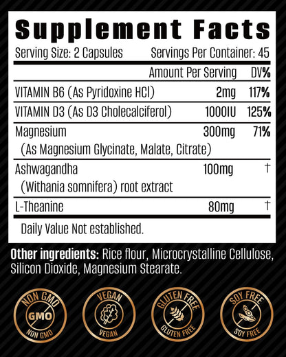 Triple Magnesium Complex 500mg – 7-in-1 Magnesium Supplement with Glycinate, Malate & Citrate | Ashwagandha & L-Theanine | Vegan | Non-GMO | 90 Capsules