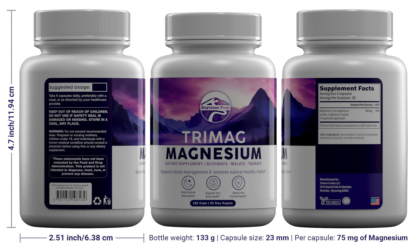 Triple Magnesium Complex – 300mg per Serving – Glycinate, Taurate, Malate – Chelated, Gentle on Stomach – 120 Capsules – Made in USA