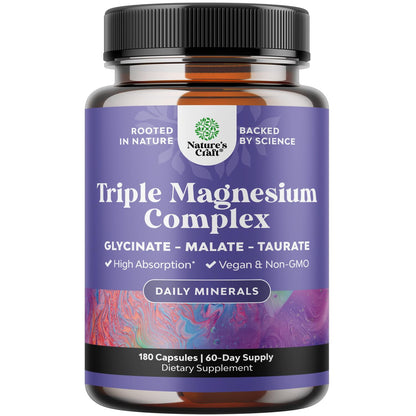 Triple Magnesium Complex | High-Absorption Magnesium Glycinate, Malate & Taurate | 400 mg, 180 Count