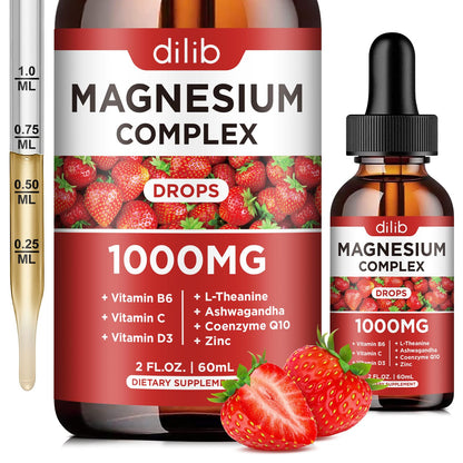 Triple Magnesium Complex Liquid Drops 1000mg – Magnesium Glycinate & Citrate with Ashwagandha, CoQ10, B6, C, D, Zinc | Stress Relief & Bone Support | Vegan