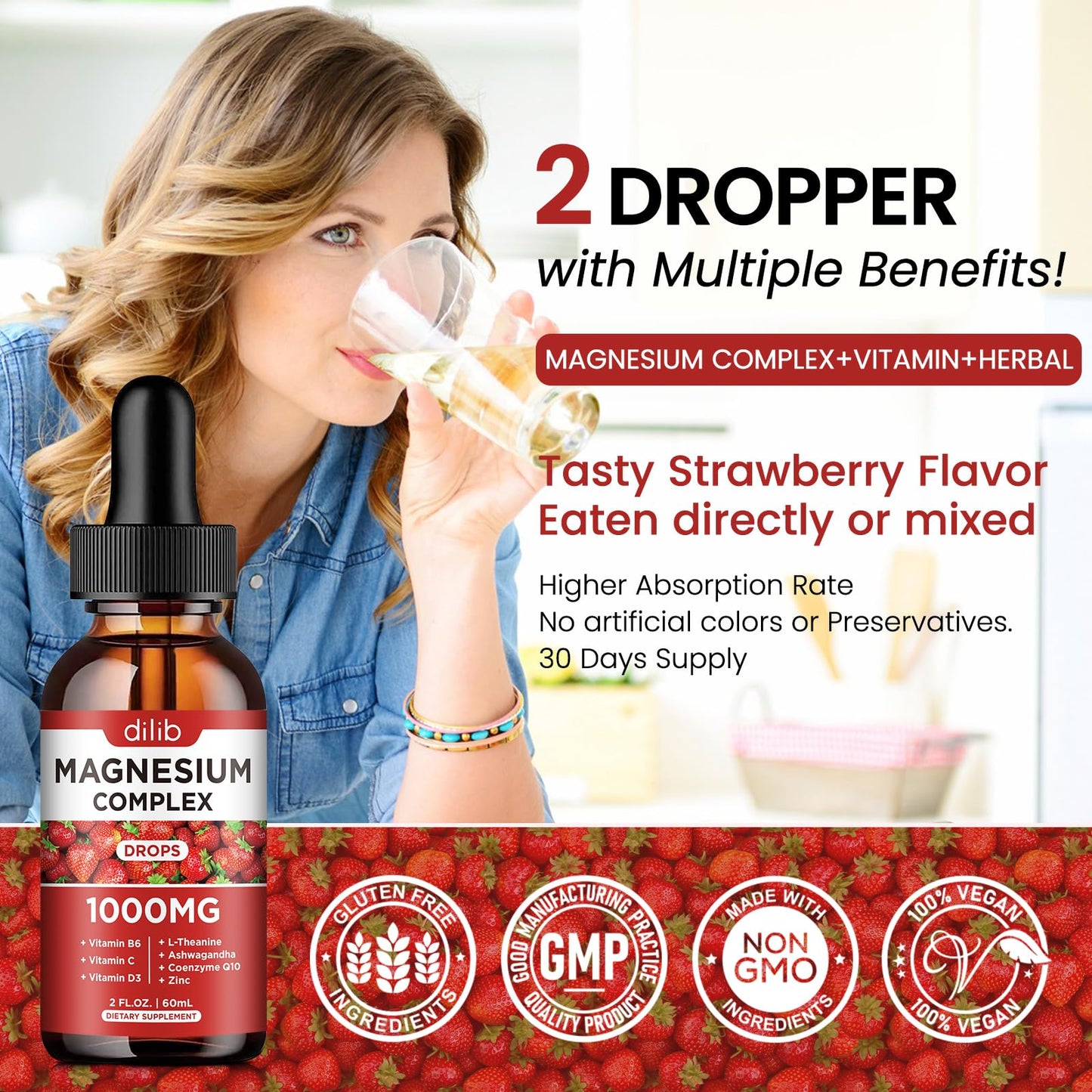 Triple Magnesium Complex Liquid Drops 1000mg – Magnesium Glycinate & Citrate with Ashwagandha, CoQ10, B6, C, D, Zinc | Stress Relief & Bone Support | Vegan