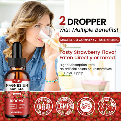 Triple Magnesium Complex Liquid Drops 1000mg – Magnesium Glycinate & Citrate with Ashwagandha, CoQ10, B6, C, D, Zinc | Stress Relief & Bone Support | Vegan